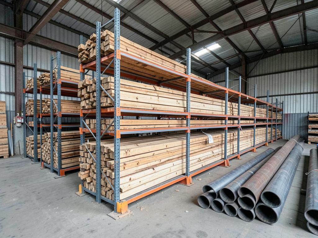 Cantilever racking storing lengths of timber and steel tube