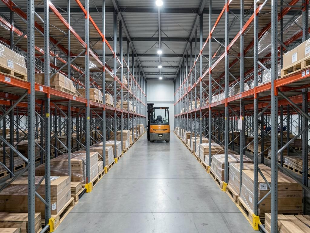 Drive in pallet racking lanes with a forklift truck entering a lane