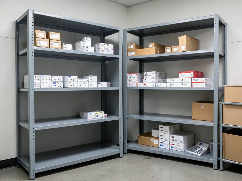 Grey euro shelving units holding small boxed parts in a stockroom