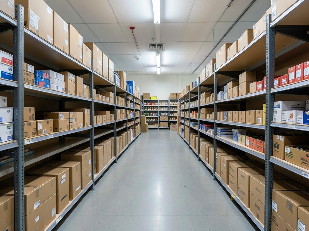 Longspan shelving bays holding boxed stock in a stores area