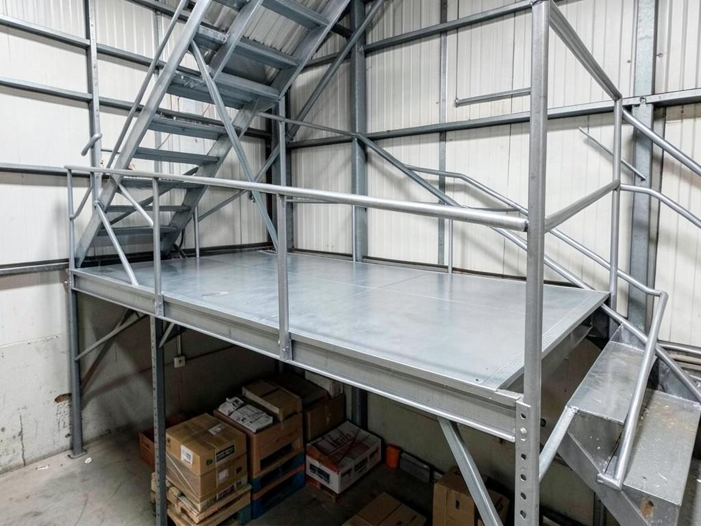 Steel mezzanine floor with staircase and handrail installed in a warehouse