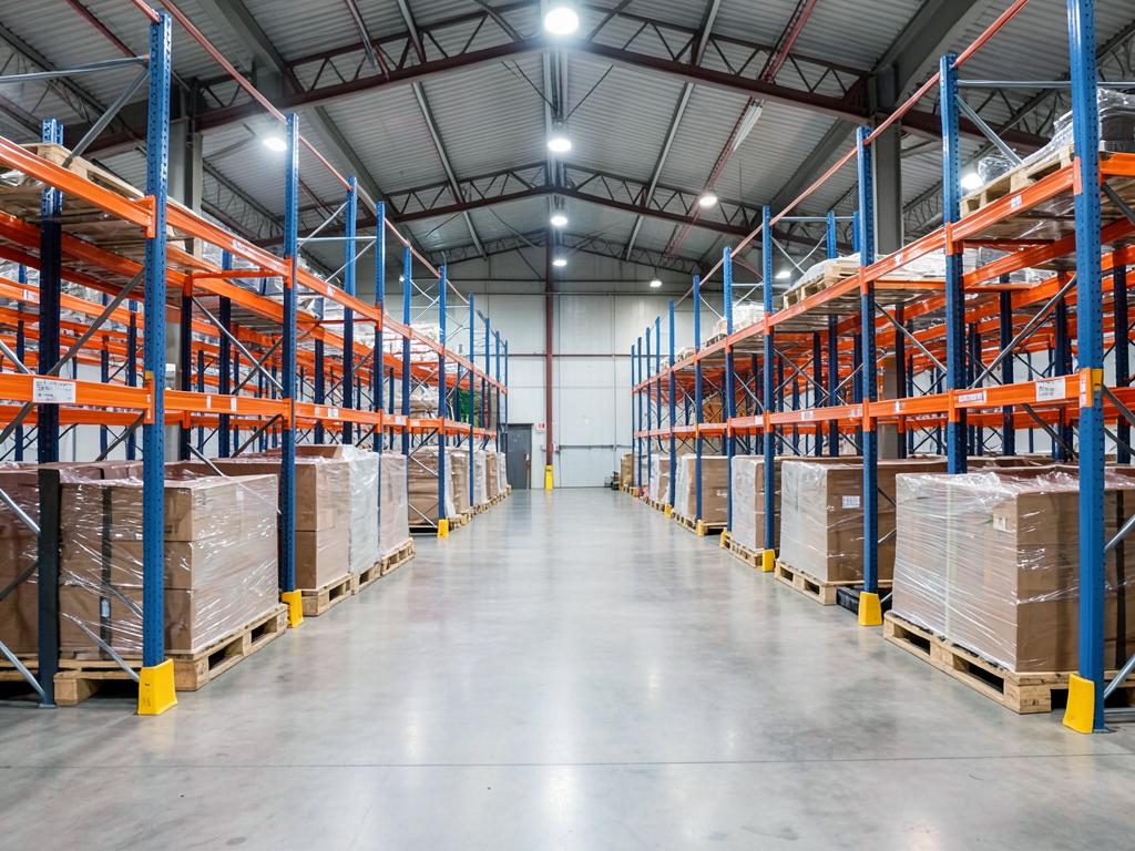 Adjustable pallet racking bays loaded with wrapped pallets in a warehouse