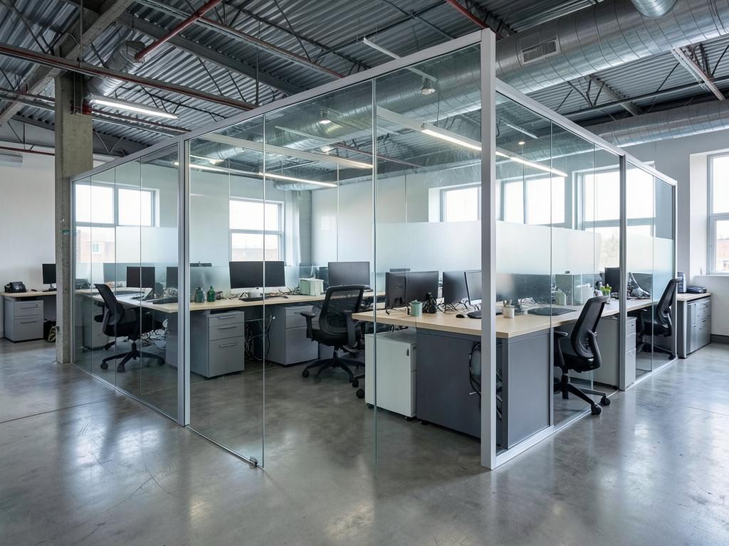 Glazed office partitioning dividing a warehouse office space