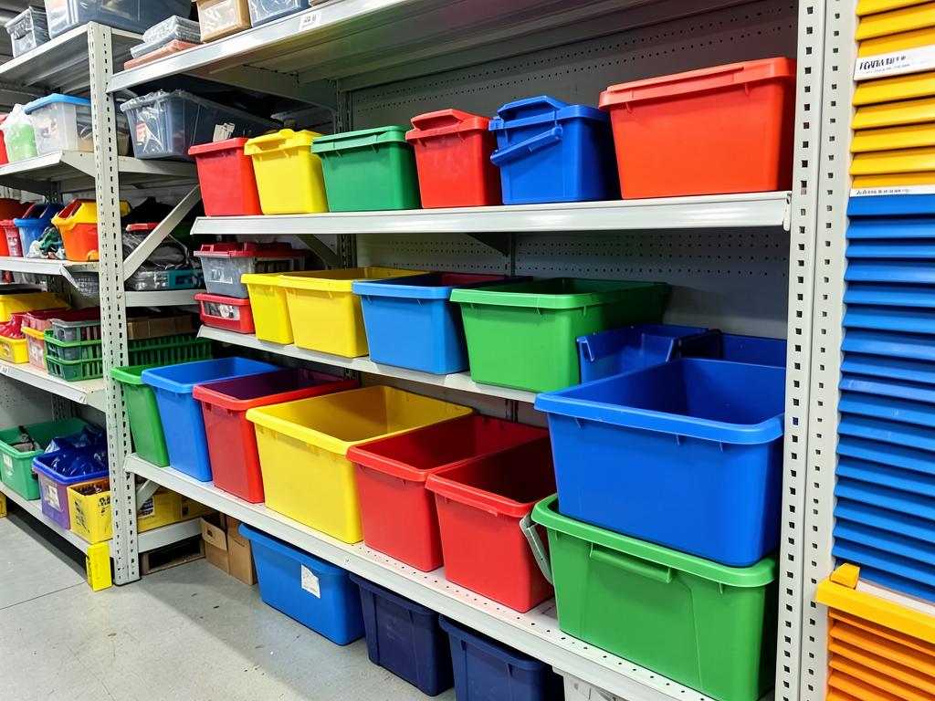 Coloured plastic storage bins arranged on shelving in a parts store